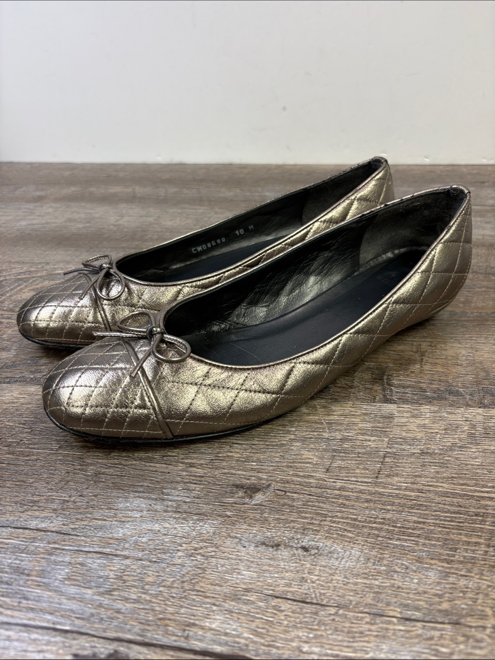 Stuart Weitzman Metallic Bronze Quilted Leather Ballet Flats Bow Women's 10